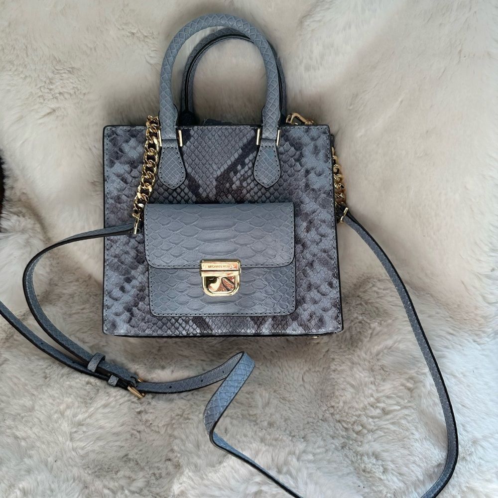 Michael Kors Bridgette Blue Snake Skin Leather Small Crossbody Bag